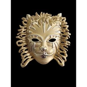 Lion Mask Vintage Gold tone Brooch Pin Stamped AJC American Jewelry Company